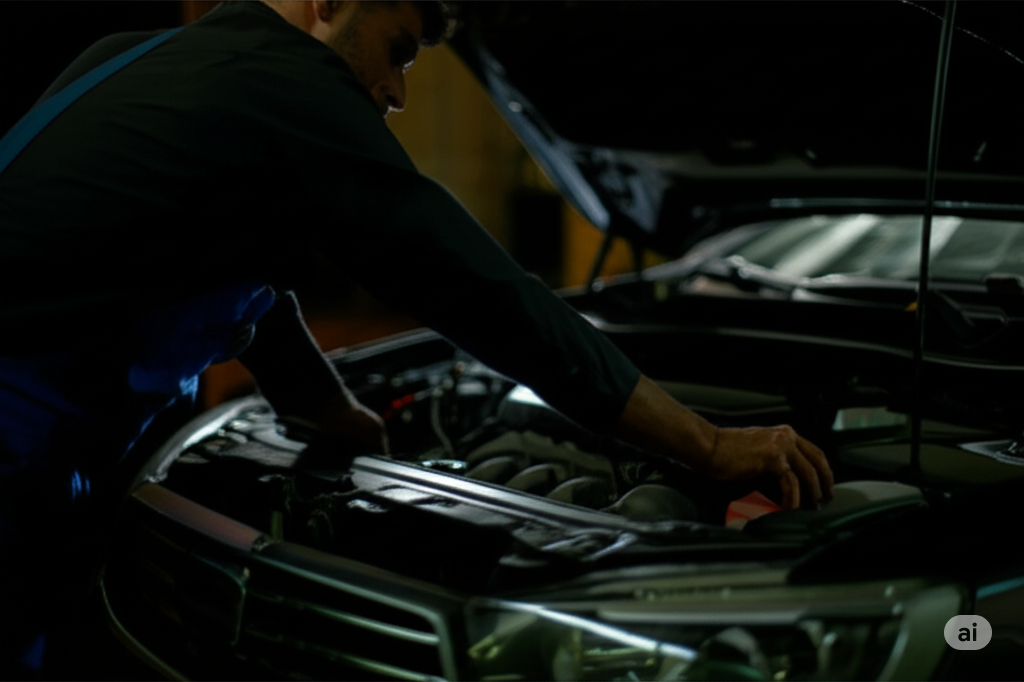 Oficina mecânica com um carro sendo reparado